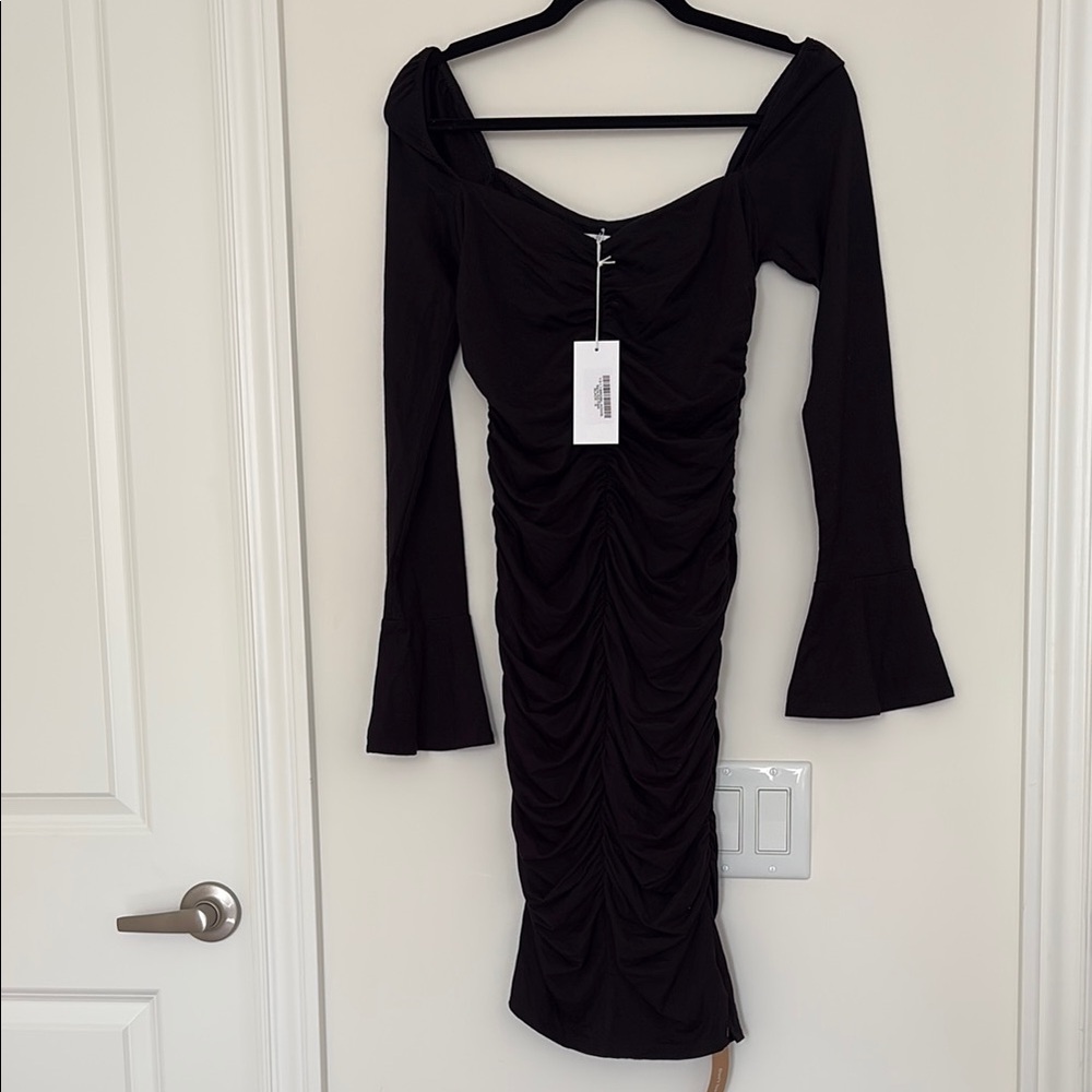Reformation Black Bodycon Dress with Sweetheart Neckline and Bell Sleeves